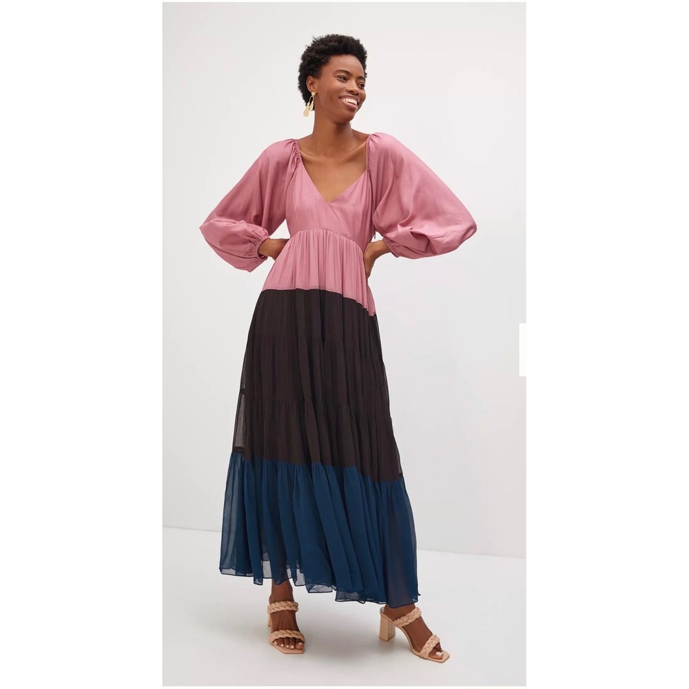 Nirmooha Women M Pink Brown Blue Colorblock Tiered Maxi Dress V-Neck Puff Sleeve